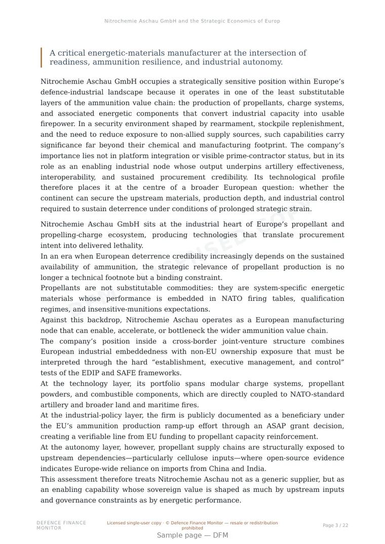 Sample page from “Nitrochemie Aschau GmbH and the Strategic Economics of European Propellant Sovereignty” — 23-page report