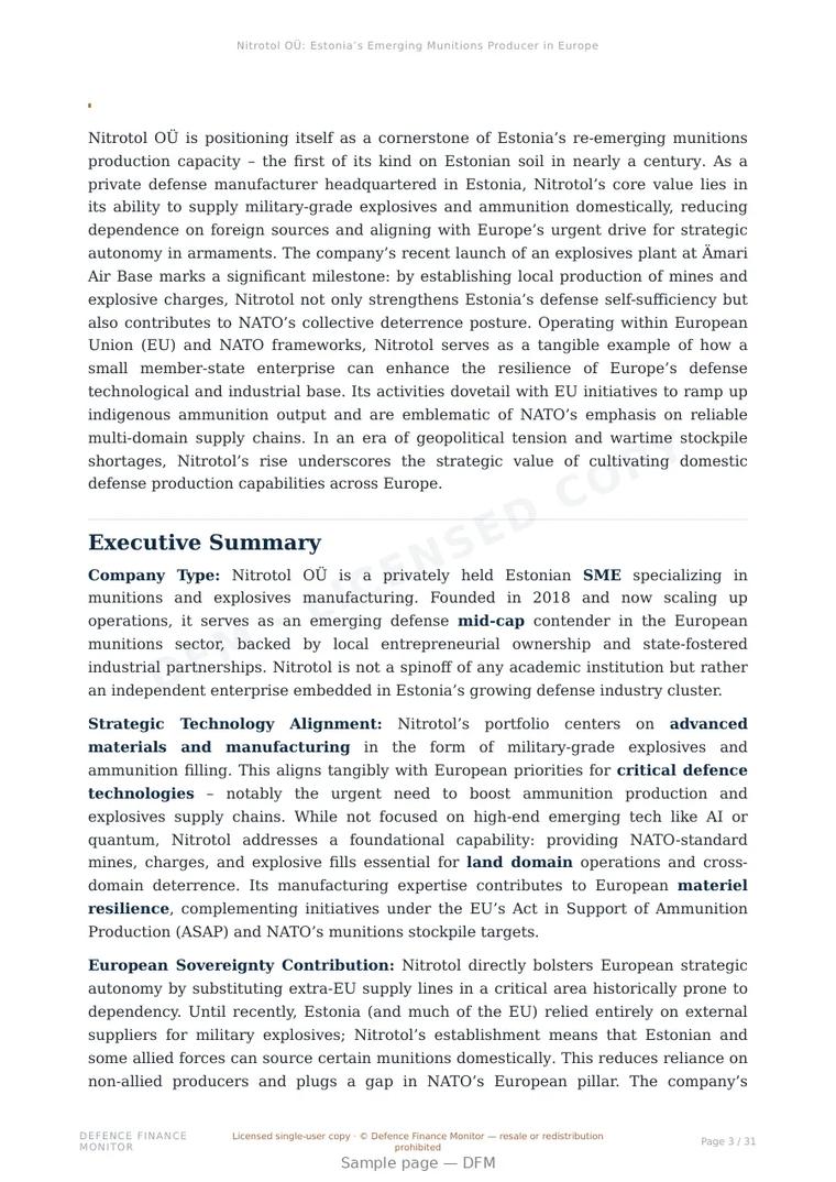 Sample page from “Nitrotol OÜ: Estonia’s Emerging Munitions Producer in Europe’s Strategic Autonomy Landscape” — 32-page report