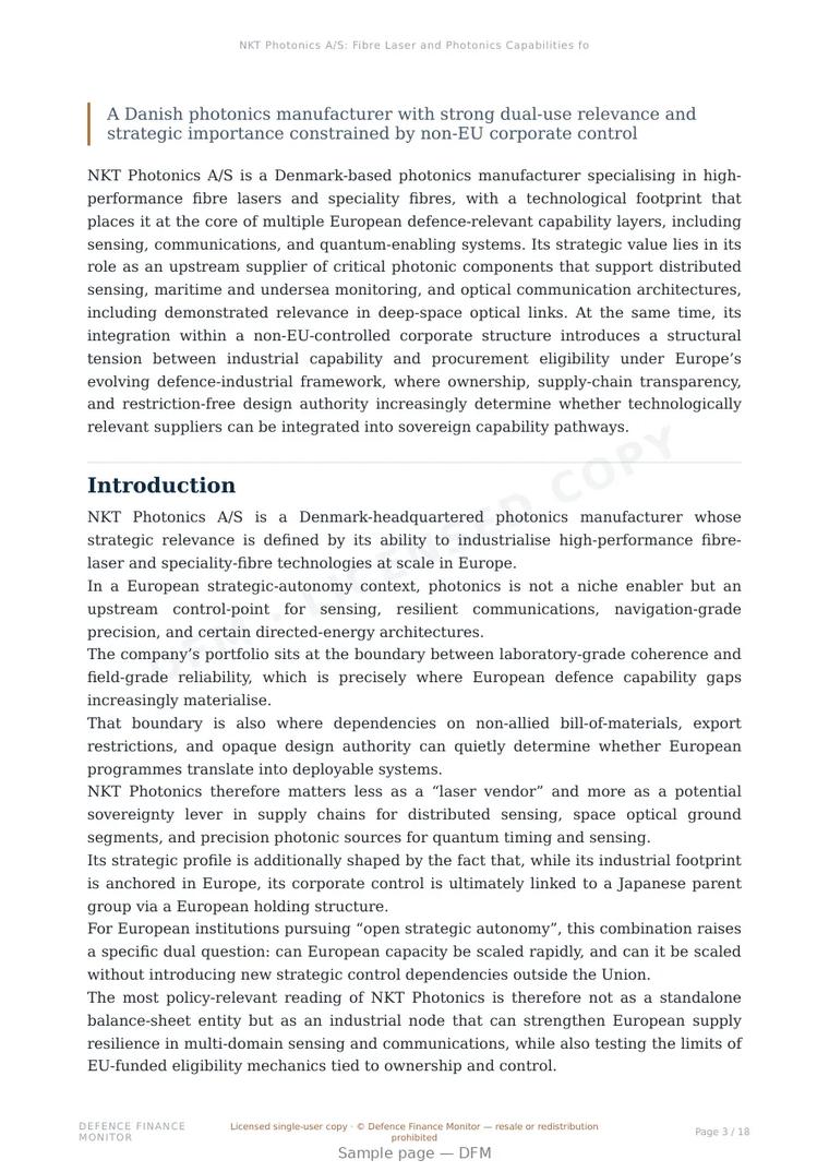 Sample page from “NKT Photonics A/S: Fibre Laser and Photonics Capabilities for European Sensing, Space Communications, and Quantum Systems” — 19-page report