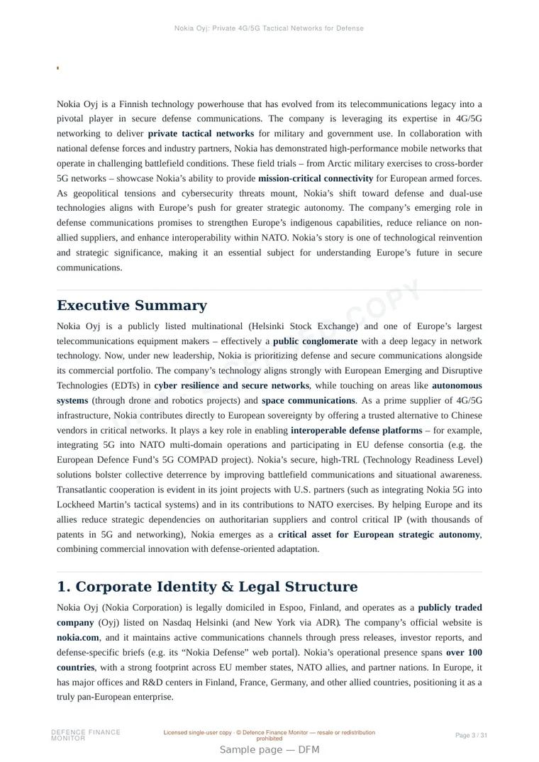 Sample page from “Nokia Oyj: Private 4G/5G Tactical Networks for Defense” — 32-page report