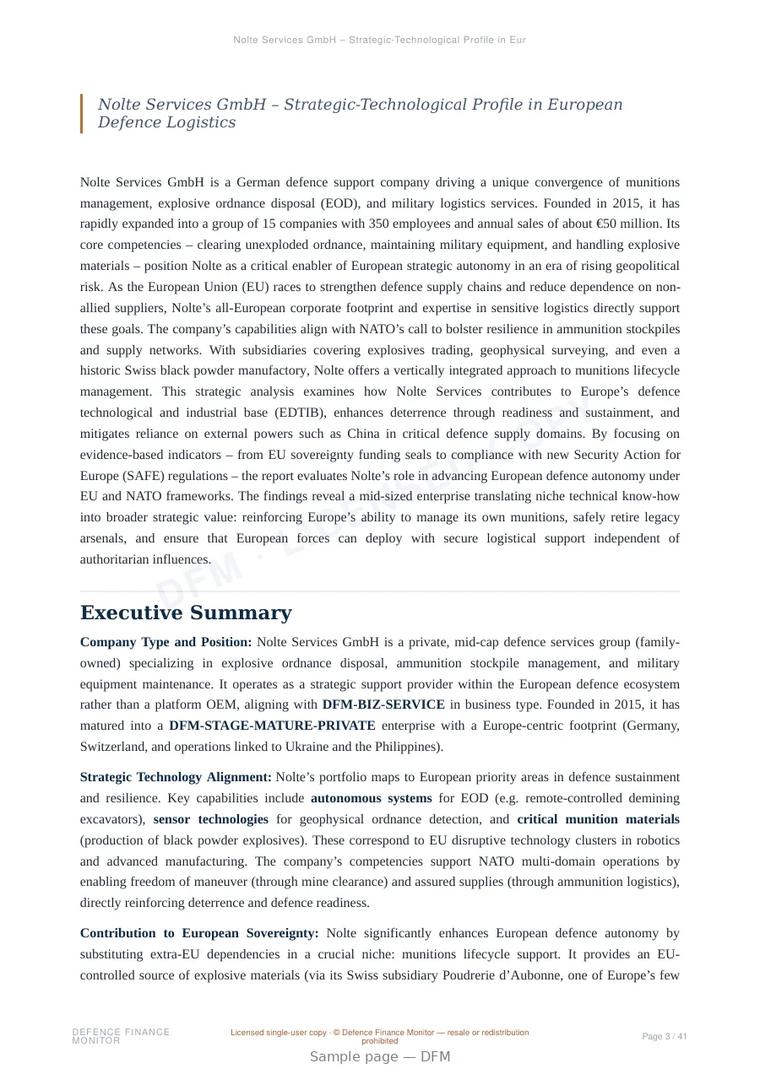 Sample page from “Nolte Services GmbH – Strategic-Technological Profile in European Defence Logistics” — 42-page report