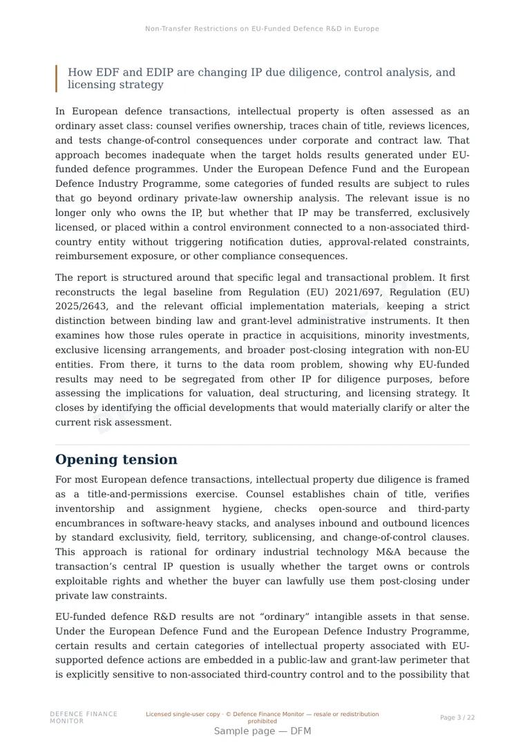 Sample page from “Non-Transfer Restrictions on EU-Funded Defence R&D in European Defence M&A” — 23-page report