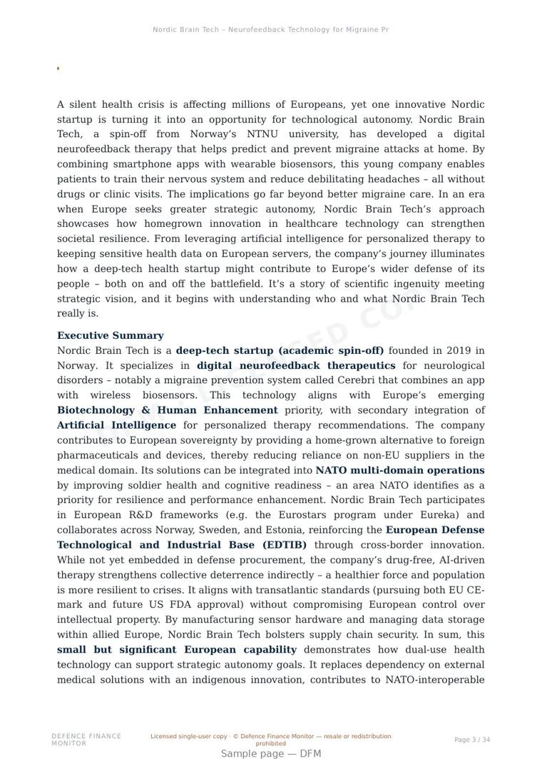 Sample page from “Nordic Brain Tech – Neurofeedback Technology for Migraine Prevention” — 35-page report