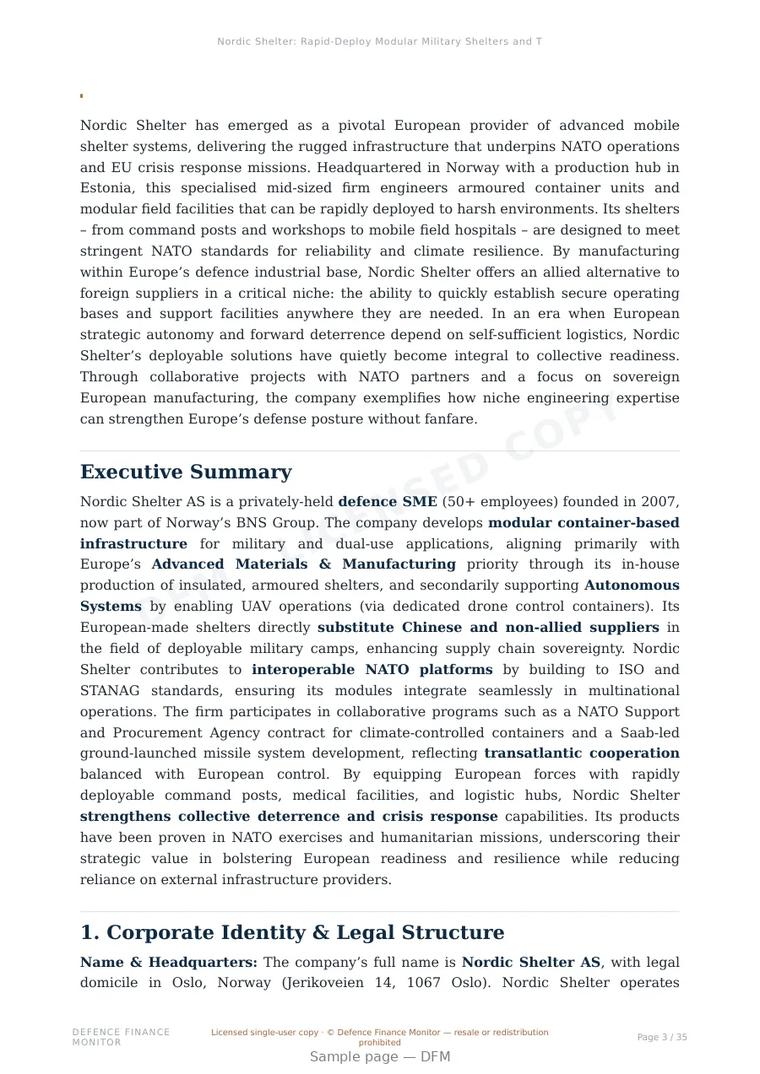Sample page from “Nordic Shelter: Rapid-Deploy Modular Military Shelters and Tactical Container Systems (Norway–Estonia)” — 36-page report