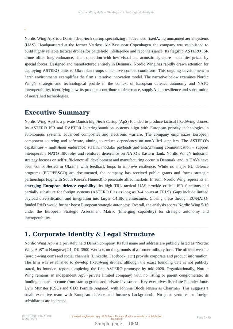 Sample page from “Nordic Wing ApS — Denmark unmanned aerial systems company” — 16-page report