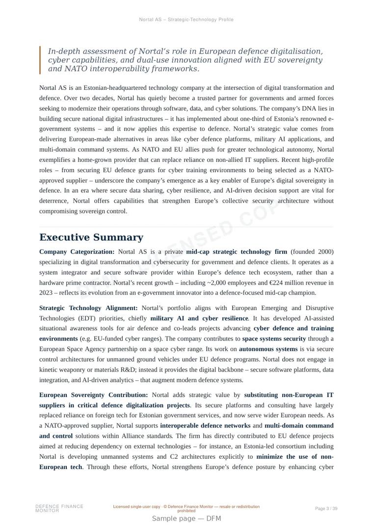 Sample page from “Nortal AS – Strategic-Technology Profile” — 40-page report