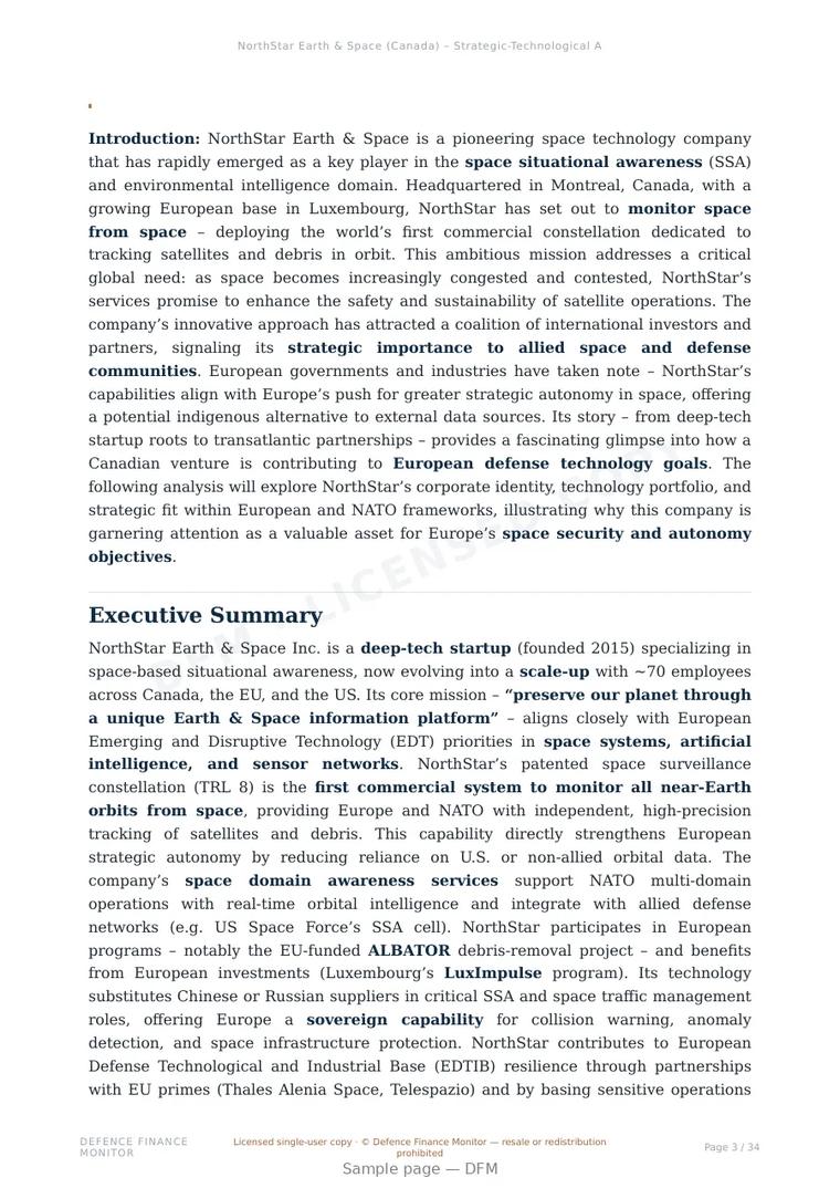 Sample page from “NorthStar Earth & Space — Canada space domain awareness company” — 35-page report