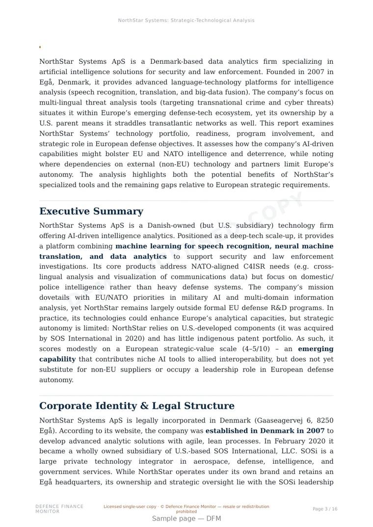 Sample page from “NorthStar Systems ApS — Denmark AI company” — 17-page report
