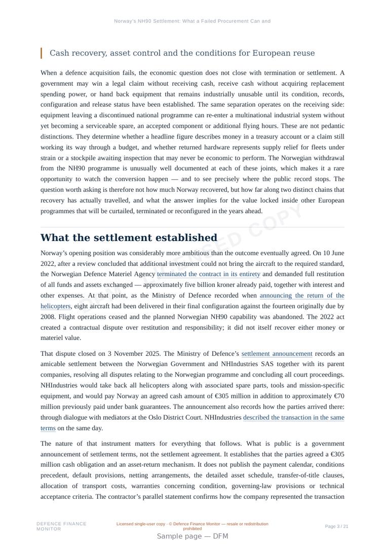 Sample page from “Norway’s NH90 Settlement: What a Failed Procurement Can and Cannot Return” — 22-page report