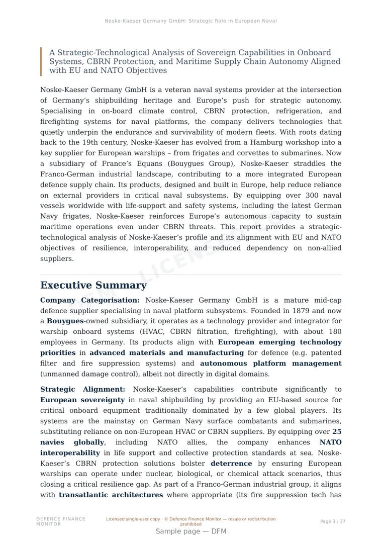 Sample page from “Noske-Kaeser Germany GmbH: Strategic Role in European Naval Platform Resilience” — 38-page report