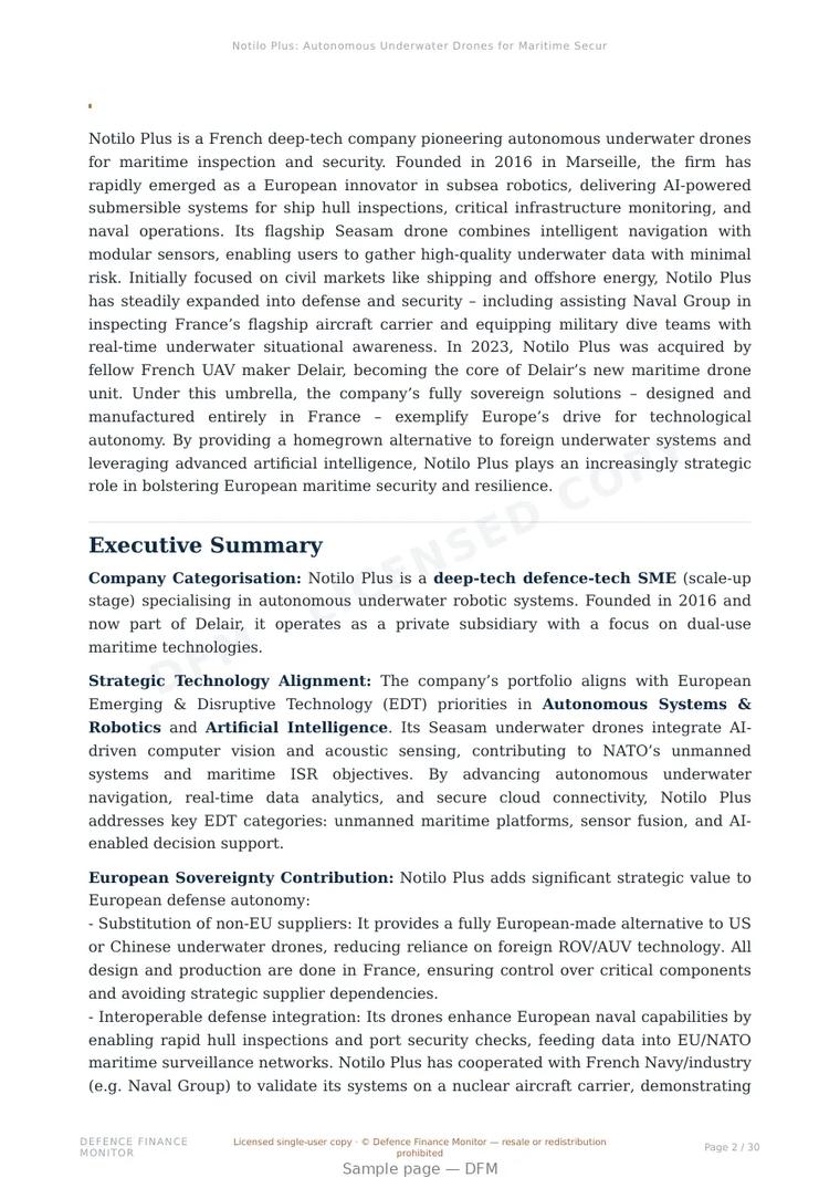 Sample page from “Notilo Plus: Autonomous Underwater Drones for Maritime Security and Infrastructure Protection” — 31-page report