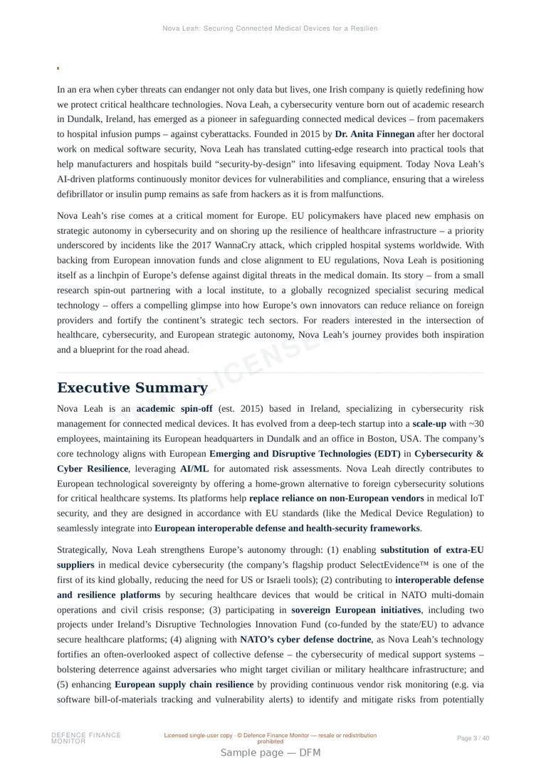 Sample page from “Nova Leah: Securing Connected Medical Devices for a Resilient Europe” — 41-page report