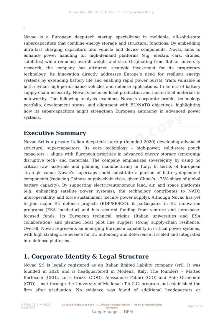 Sample page from “Novac Srl – Structural All-Solid Supercapacitors (Italy)” — 15-page report