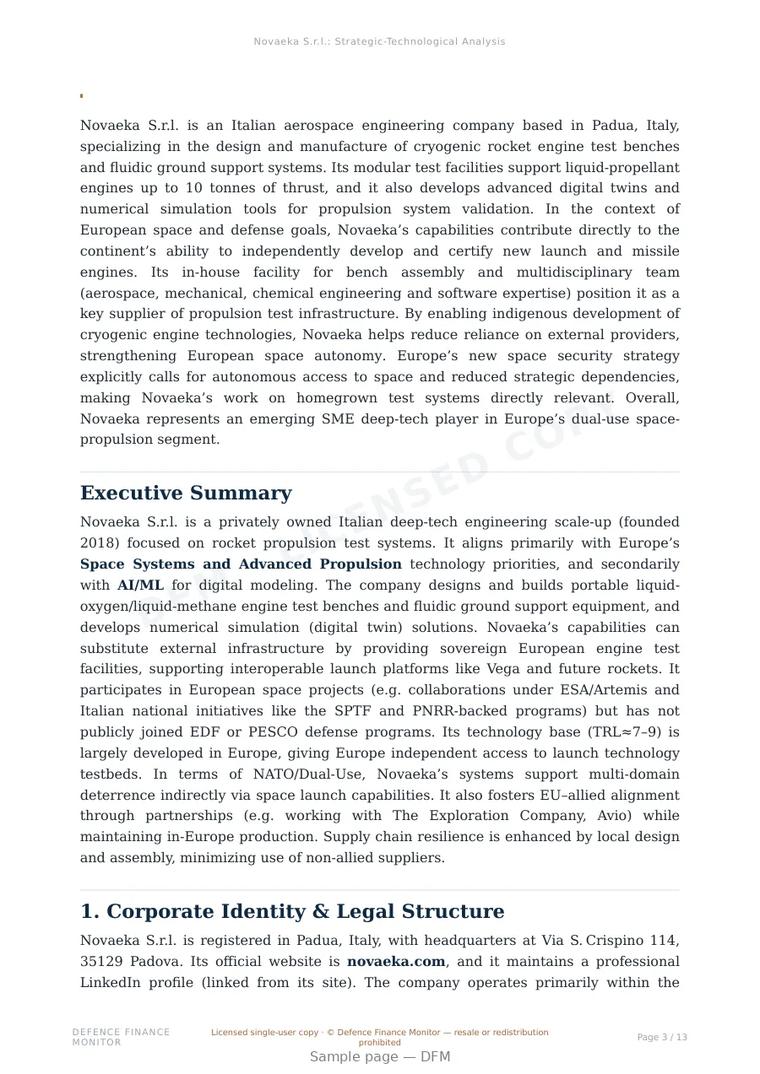 Sample page from “Novaeka S.r.l. — Italy defence company” — 14-page report