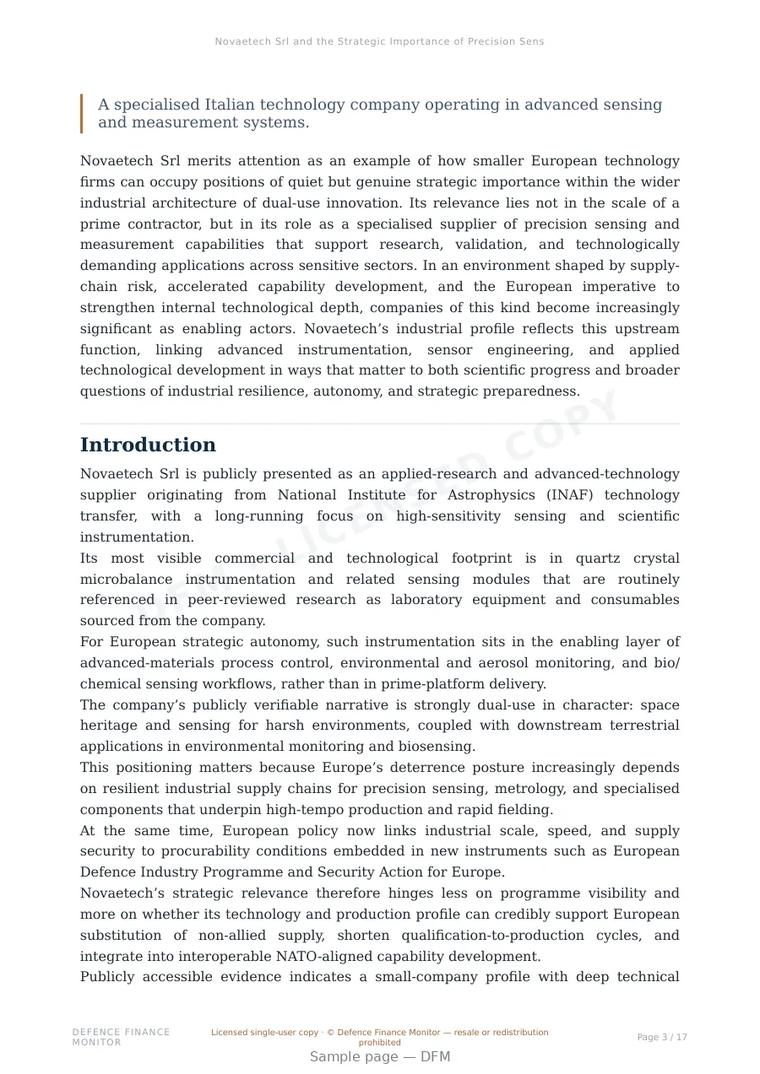 Sample page from “Novaetech Srl and the Strategic Importance of Precision Sensing in Europe’s Dual-Use Industrial Base” — 18-page report