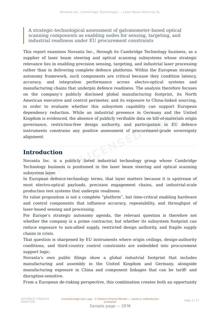 Sample page from “Novanta Inc. (Cambridge Technology) — Laser Beam Steering Subsystems within a Non-European Control and Mixed-Origin Supply Chain” — 18-page report