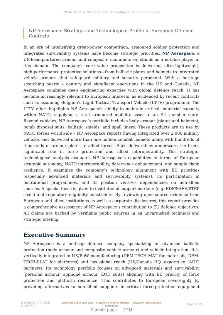 Sample page from “NP Aerospace: Strategic and Technological Profile in European Defence Contexts” — 20-page report