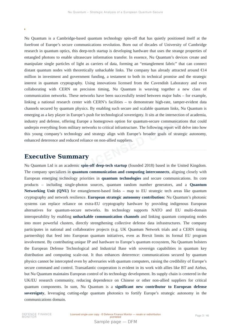 Sample page from “Nu Quantum – Strategic Analysis of a European Quantum-Secure Communications Innovator” — 47-page report