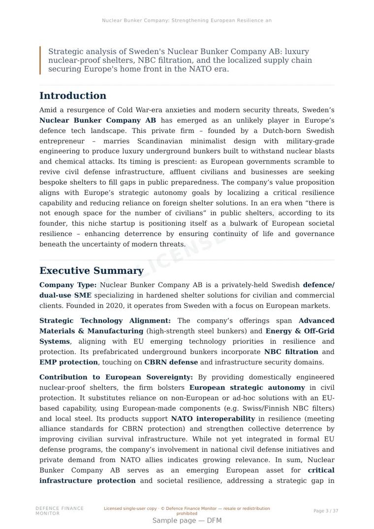 Sample page from “Nuclear Bunker Company: Strengthening European Resilience and Civilian Defense Sovereignty” — 38-page report