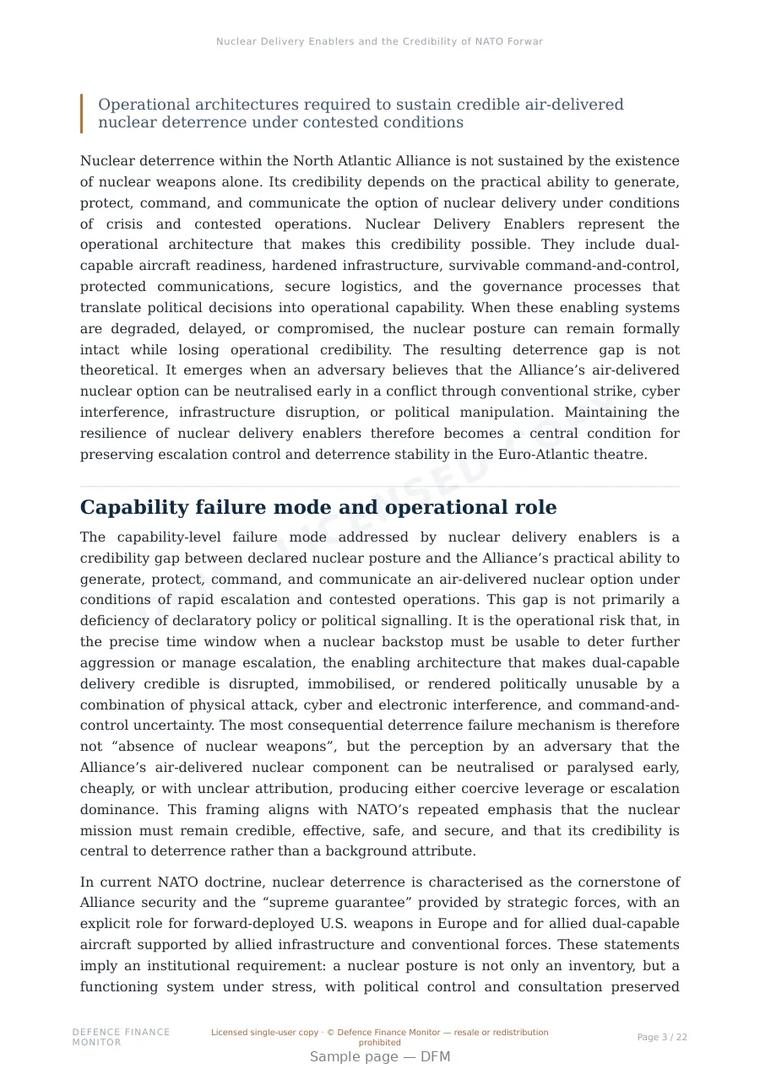 Sample page from “Nuclear Delivery Enablers and the Credibility of NATO Forward Defence Deterrence” — 23-page report