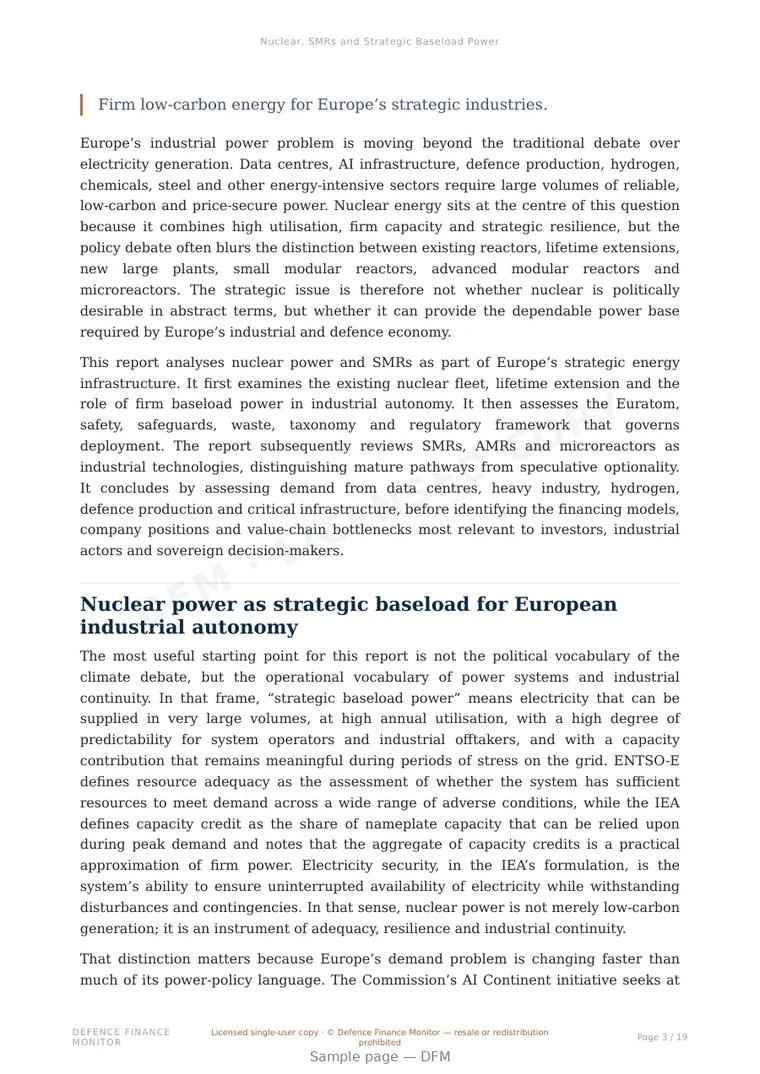 Sample page from “Nuclear, SMRs and Strategic Baseload Power” — 20-page report
