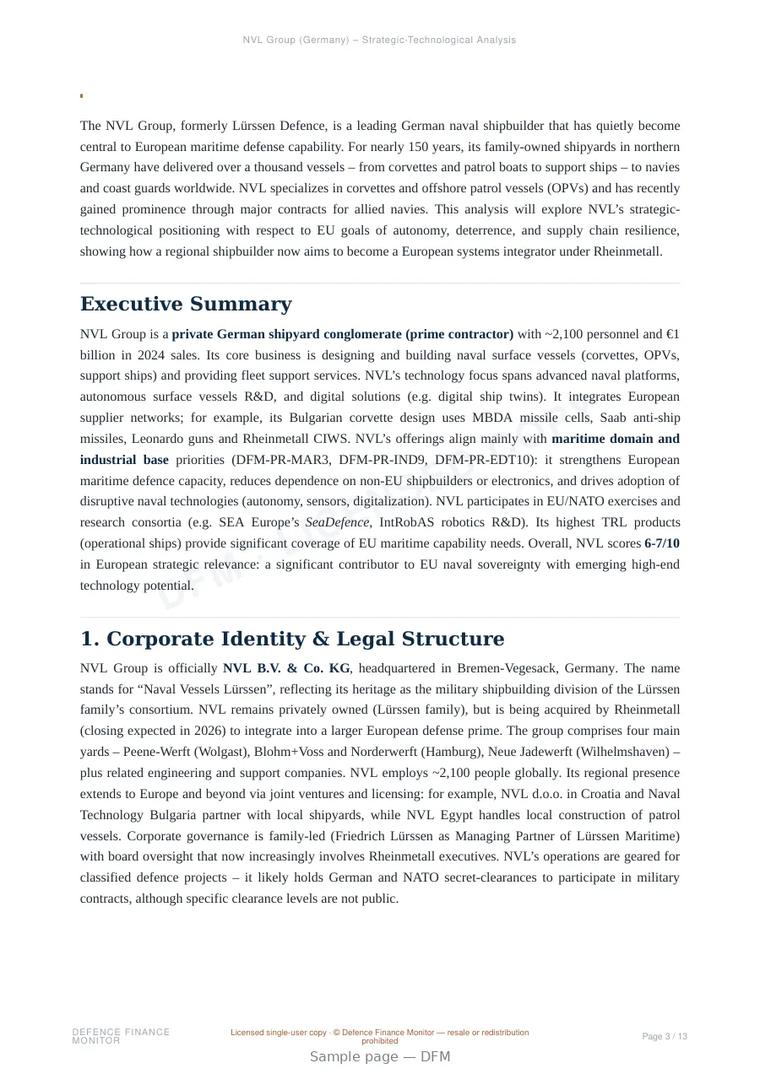 Sample page from “NVL Group — Germany defence company” — 14-page report