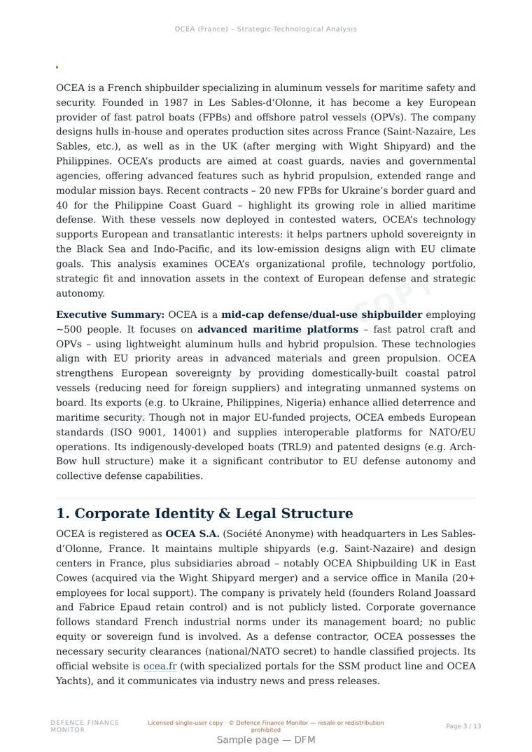 Sample page from “OCEA — France defence company” — 14-page report