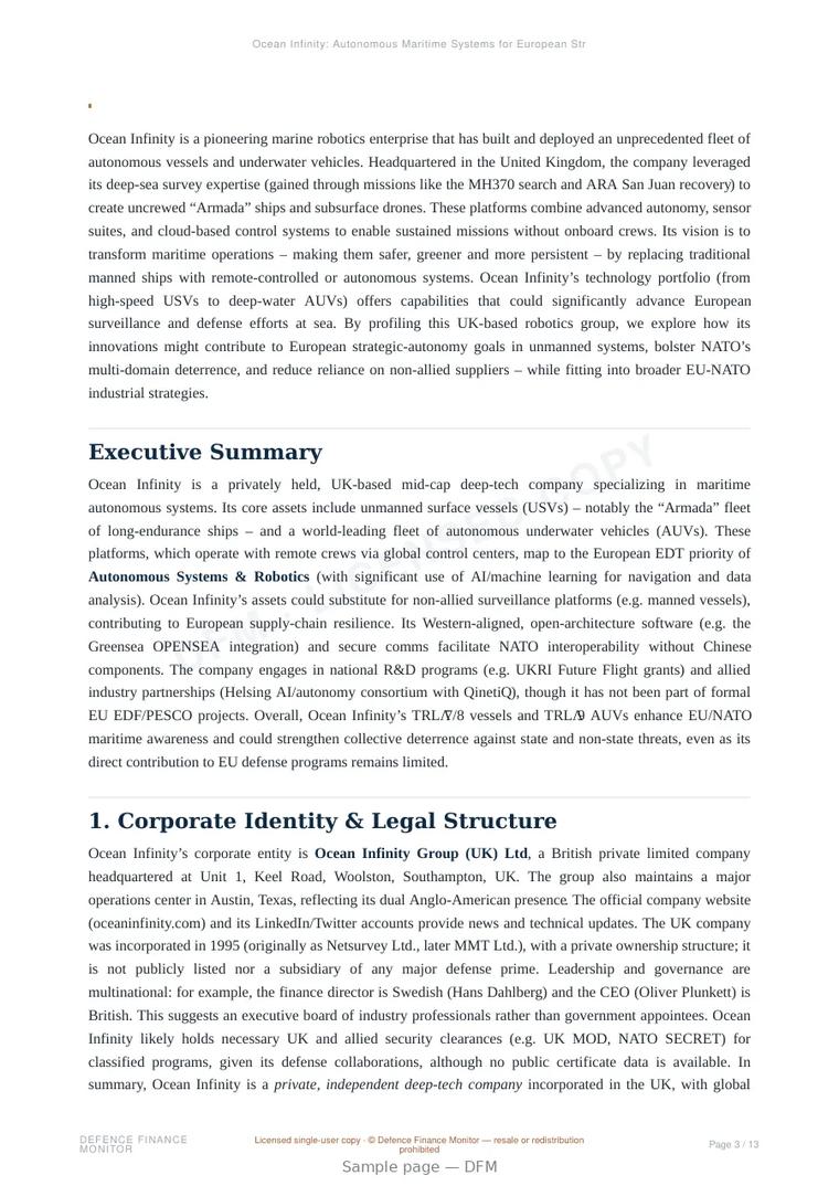 Sample page from “Ocean Infinity: Autonomous Maritime Systems for European Strategic Autonomy” — 14-page report