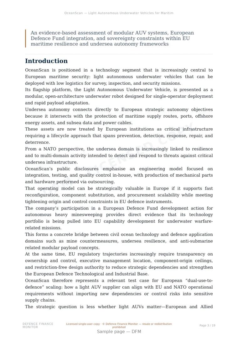 Sample page from “OceanScan — Light Autonomous Underwater Vehicles for Maritime Security, Survey and Infrastructure Protection” — 20-page report