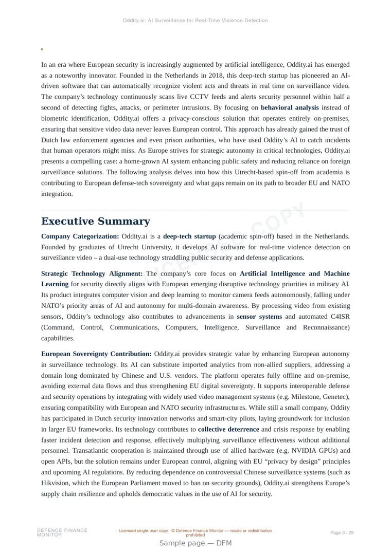 Sample page from “Oddity.ai: AI Surveillance for Real-Time Violence Detection” — 30-page report