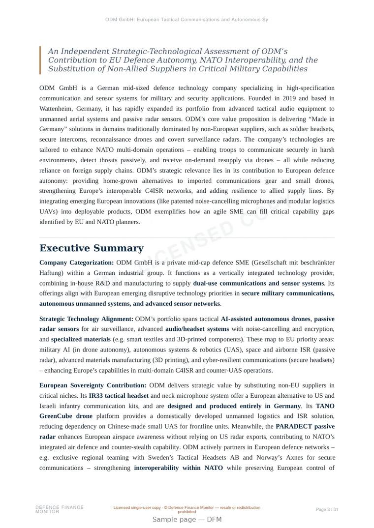 Sample page from “ODM GmbH: European Tactical Communications and Autonomous Systems Supplier” — 32-page report