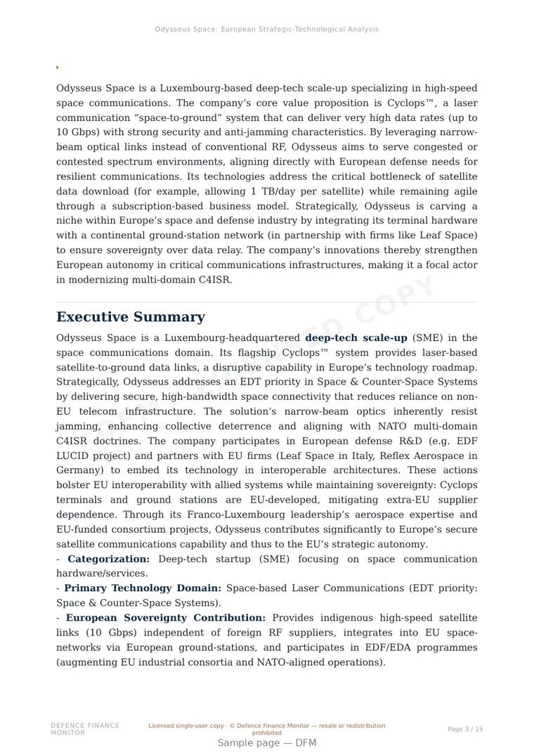 Sample page from “Odysseus Space — Luxembourg satellite communications company” — 16-page report