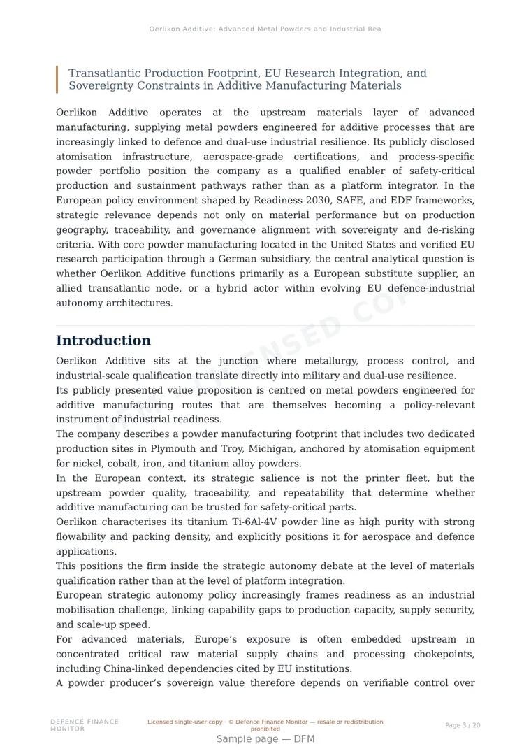 Sample page from “Oerlikon Additive: Advanced Metal Powders and Industrial Readiness in European Defence Supply Chains” — 21-page report