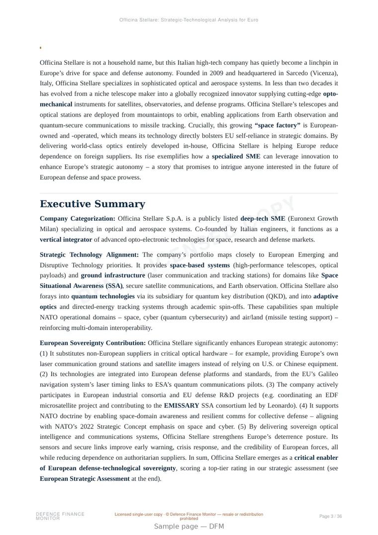 Sample page from “Officina Stellare — Italy electro-optical company” — 37-page report