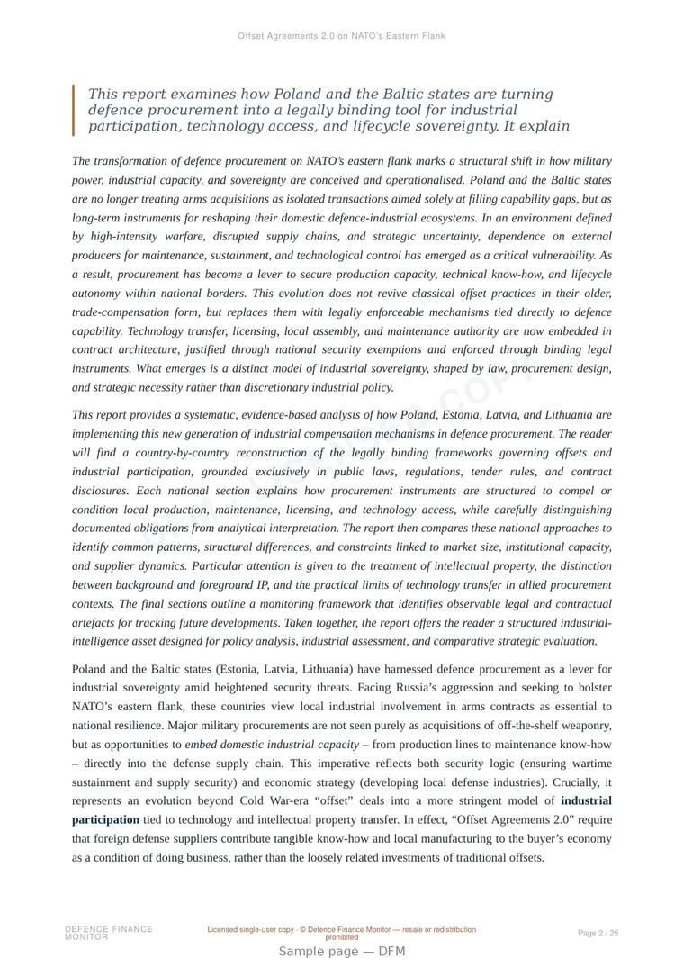 Sample page from “Offset Agreements 2.0 on NATO’s Eastern Flank” — 26-page report