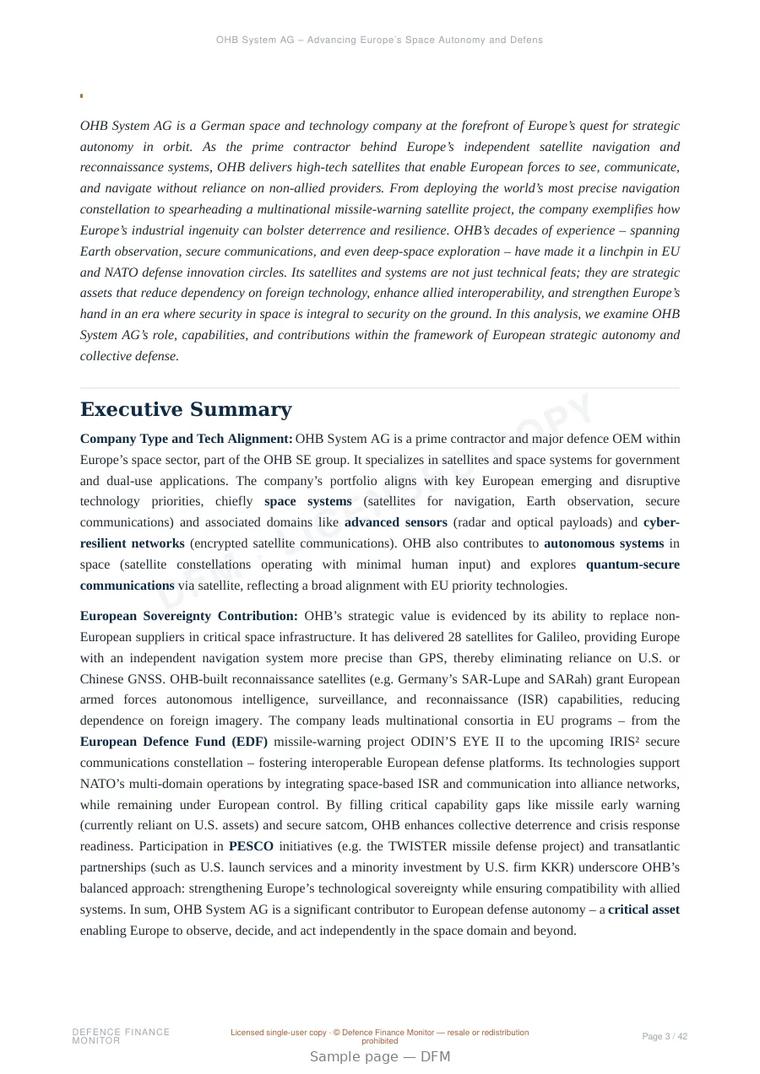 Sample page from “OHB System AG – Advancing Europe’s Space Autonomy and Defense Capabilities” — 43-page report