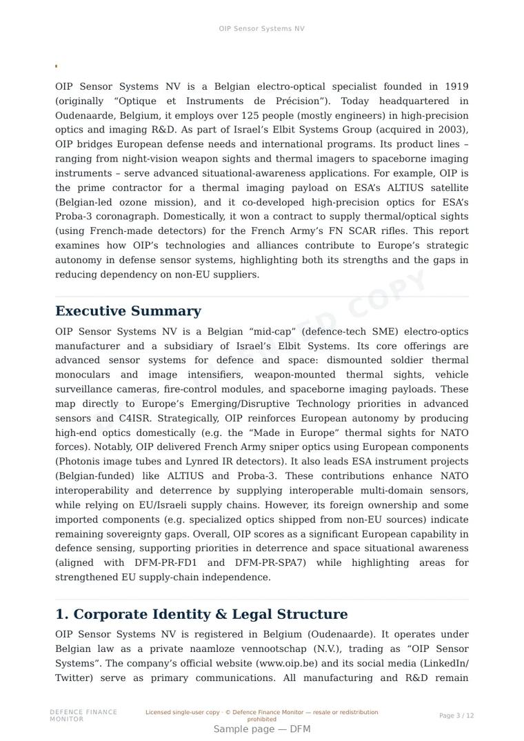 Sample page from “OIP Sensor Systems NV” — 13-page report