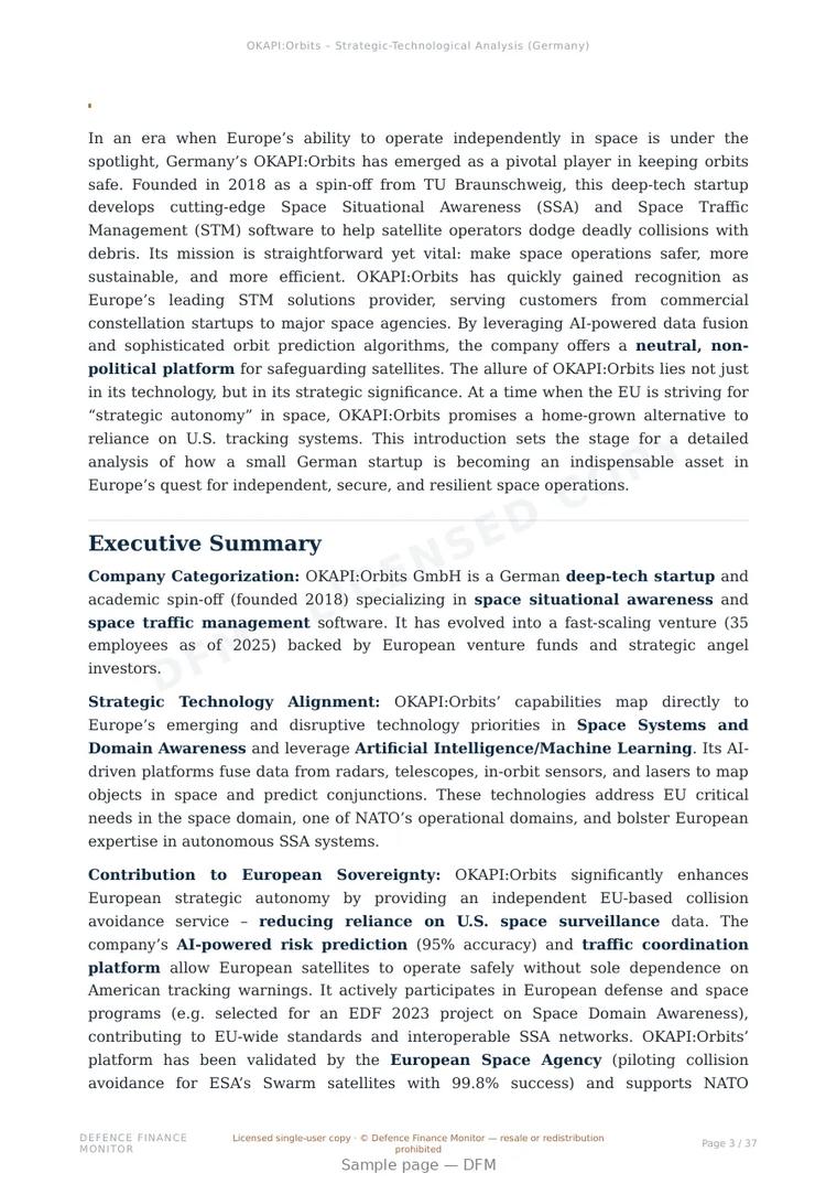 Sample page from “OKAPI:Orbits — Germany space domain awareness company” — 38-page report