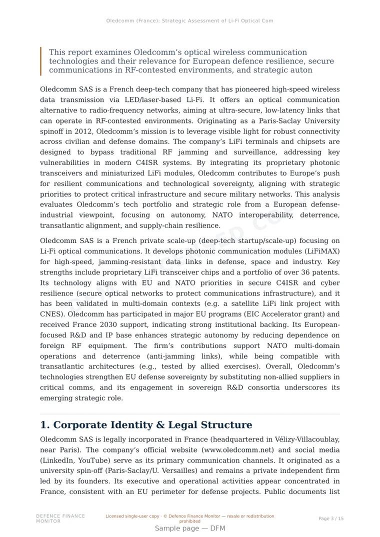 Sample page from “Oledcomm (France): Strategic Assessment of Li-Fi Optical Communications for Resilient Defence Networks” — 16-page report