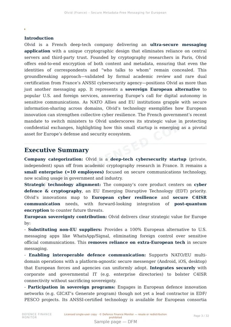 Sample page from “Olvid (France) – Secure Metadata‑Free Messaging for European Autonomy” — 33-page report