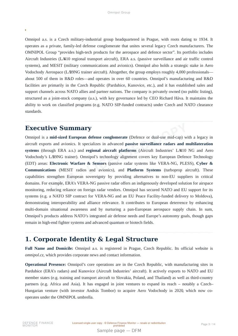 Sample page from “Omnipol Group” — 15-page report