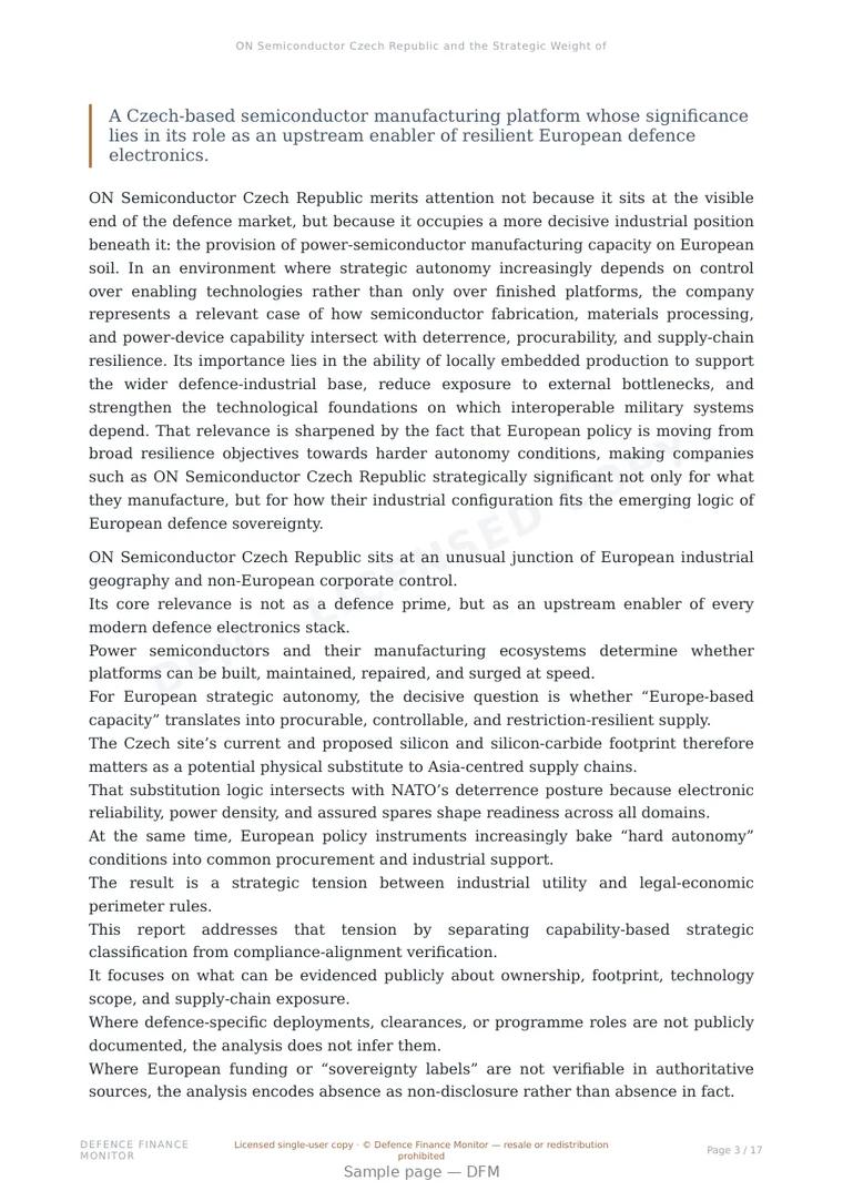 Sample page from “ON Semiconductor Czech Republic and the Strategic Weight of European Power-Semiconductor Capacity in Defence Supply Chains” — 18-page report