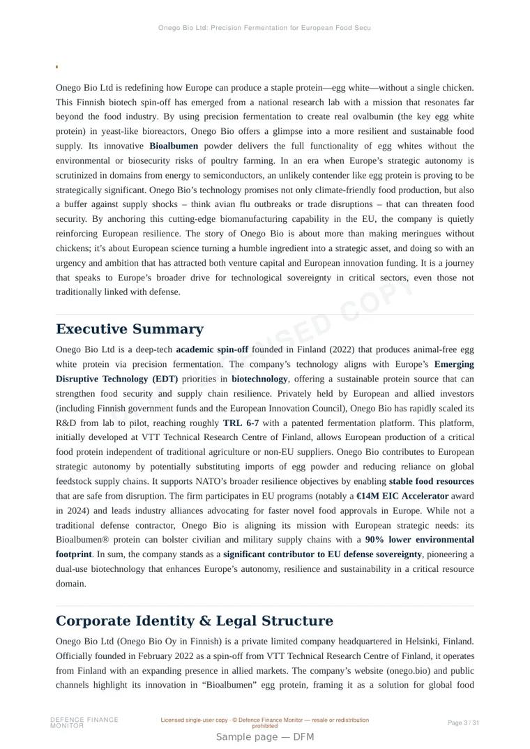 Sample page from “Onego Bio Ltd: Precision Fermentation for European Food Security and Strategic Autonomy” — 32-page report