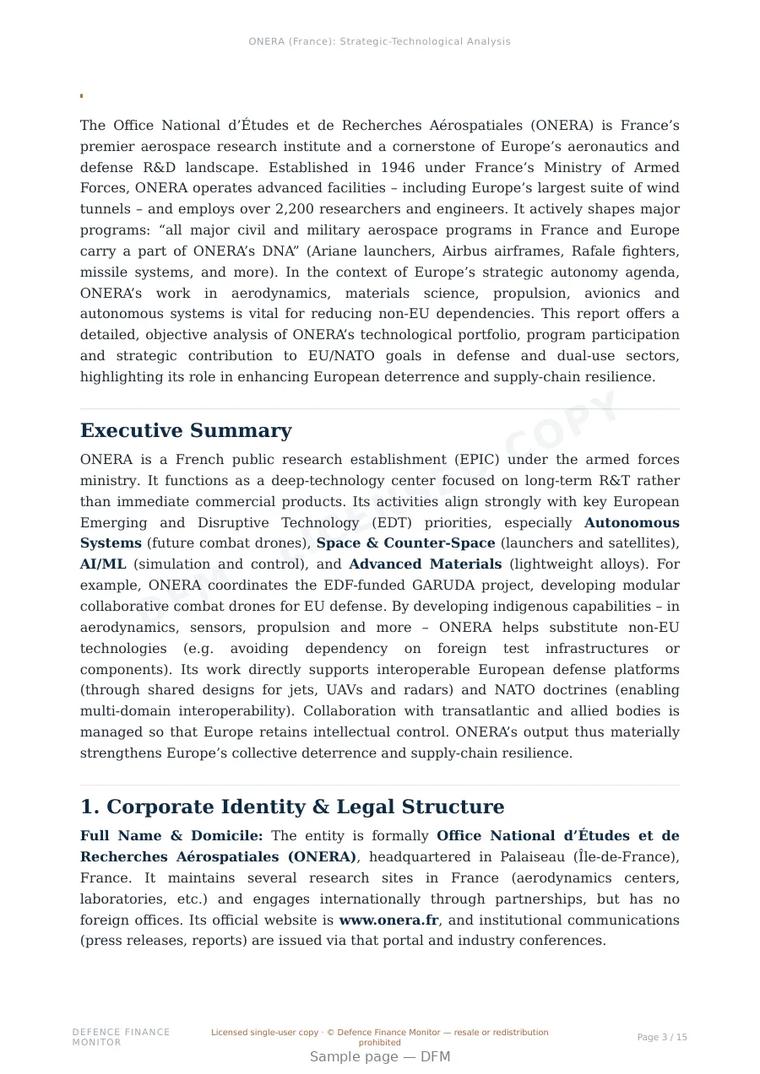 Sample page from “ONERA — France defence company” — 16-page report