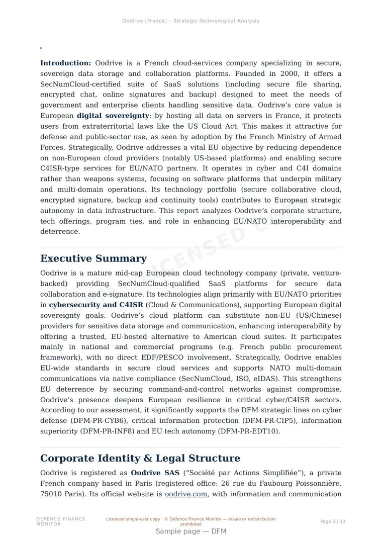 Sample page from “Oodrive — France cloud company” — 14-page report