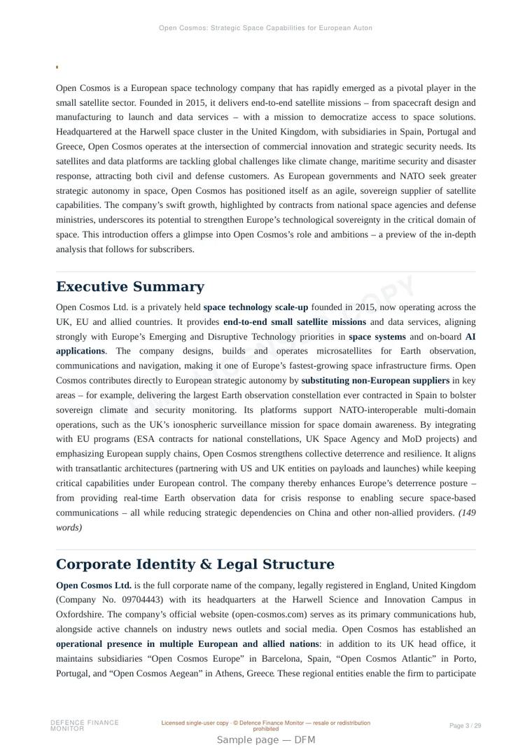 Sample page from “Open Cosmos: Strategic Space Capabilities for European Autonomy and NATO Resilience” — 30-page report