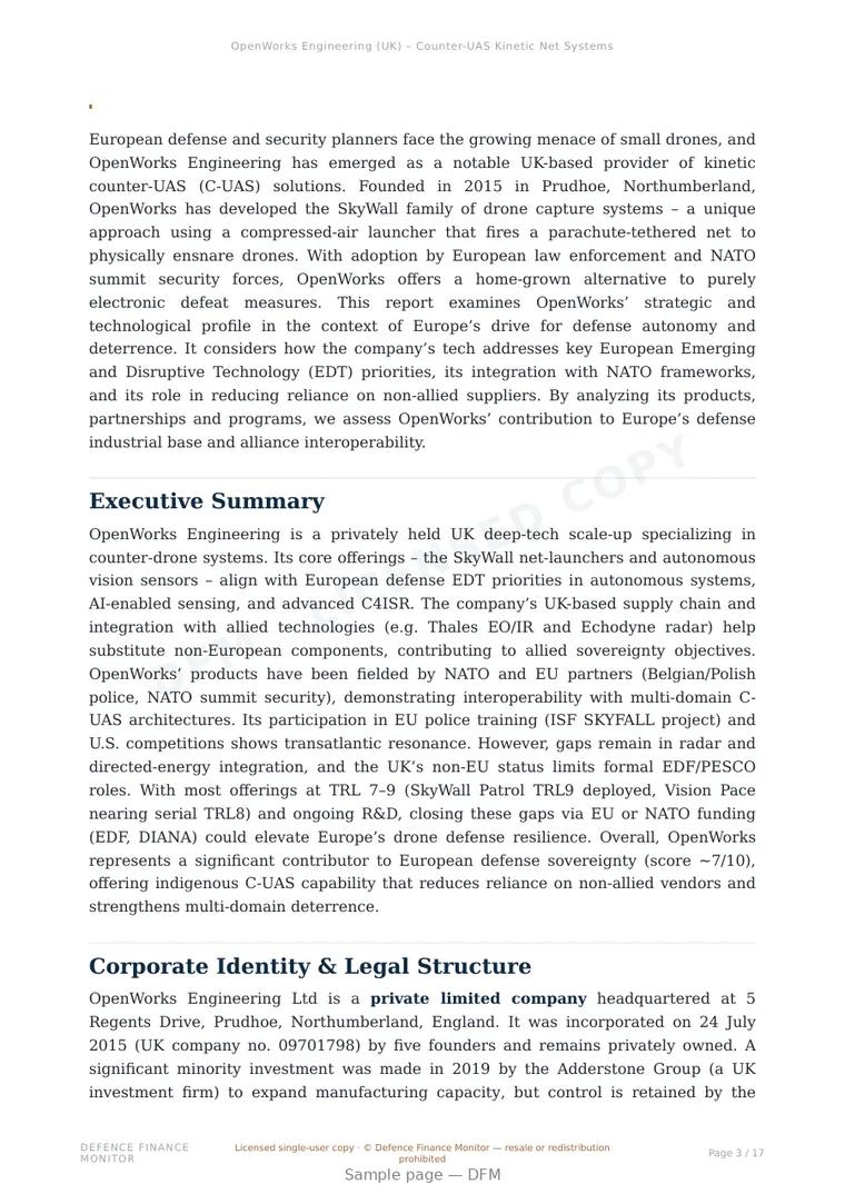 Sample page from “OpenWorks Engineering (UK) – Counter-UAS Kinetic Net Systems” — 18-page report