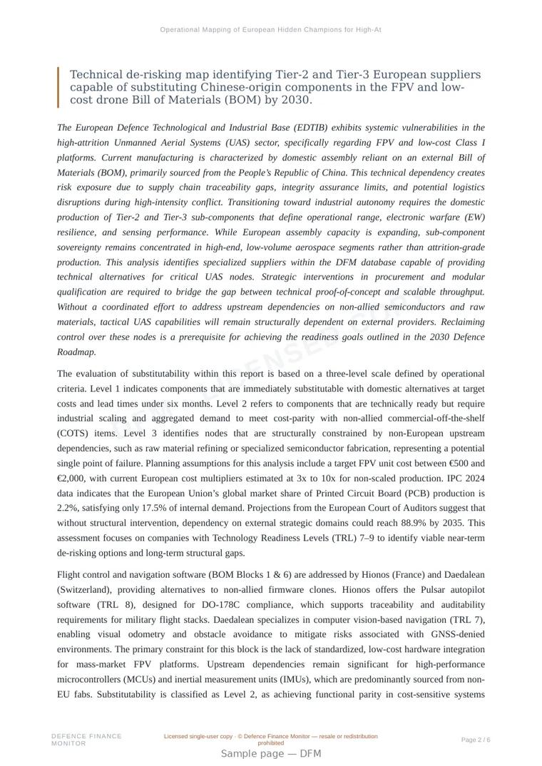 Sample page from “Operational Mapping of European Hidden Champions for High-Attrition Drone Supply Chains” — 7-page report
