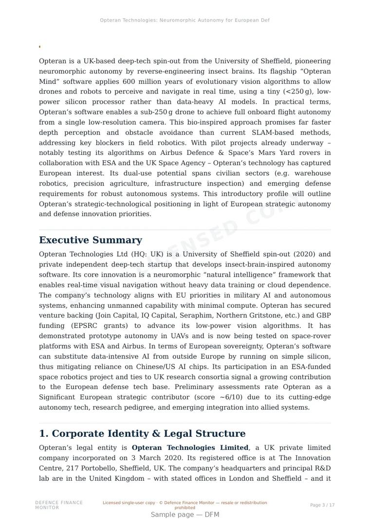 Sample page from “Opteran Technologies: Neuromorphic Autonomy for European Defense” — 18-page report