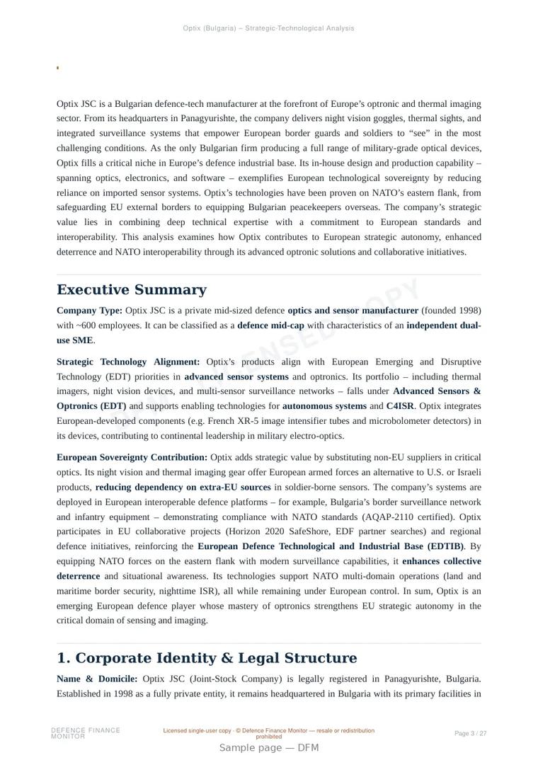 Sample page from “Optix JSC — Bulgaria electro-optical company” — 28-page report